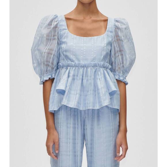 STINE GOYA Tops - NEW STINE GOYA sheer ruffling puffy sleeve top in brunnera blue